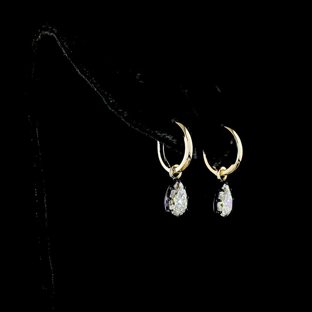 14K Yellow Gold Pear-Shape Drop Earrings with Black Rhodium Bezel and Prong Set Lab-Grown Diamonds - 1.36 Carat Total Weight - Covaloro Fine Jewelry