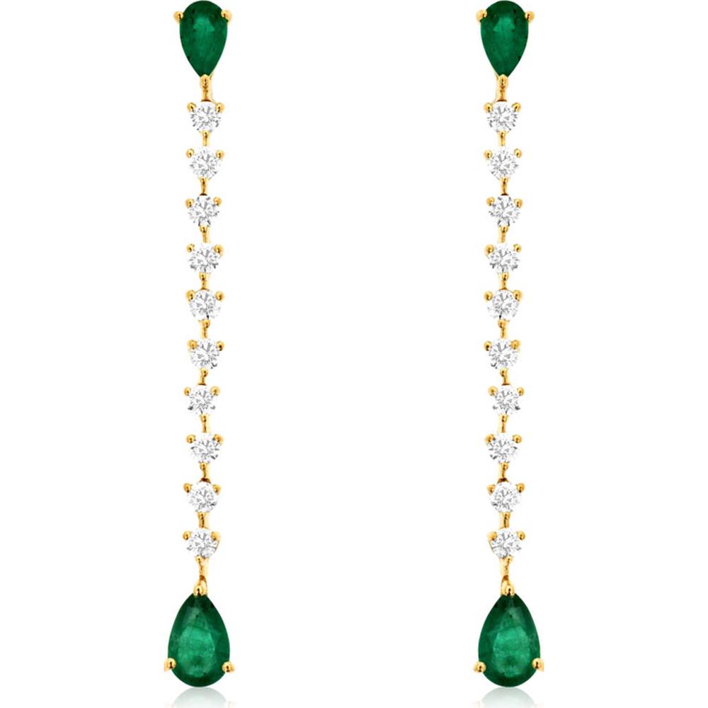 14K Yellow Gold Pear Shape Emerald and Diamond Drop Earrings - 1.18 Carat Total Emerald Weight and 0.60 Carat Total Diamond Weight - Royal Jewelry
