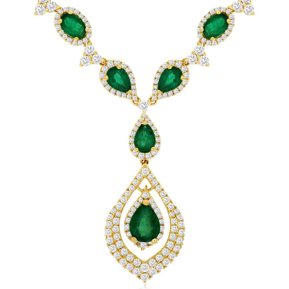 14K Yellow Gold Pear Shape Emerald and Diamond Drop Necklace - 8.40 Carat Total Emerald Weight and 4 Carat Total Diamond Weight - Royal Jewelry