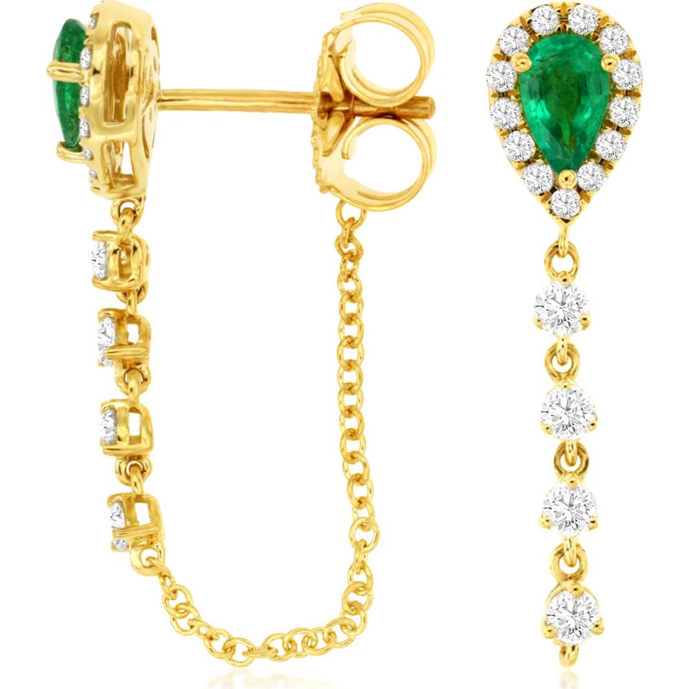 14K Yellow Gold Pear Shape Emerald and Diamond Halo Drop Earrings with Round Diamond Accents - 0.42 Carat Total Emerald Weight, 0.35 Carat Total Diamond Weight - Royal Jewelry