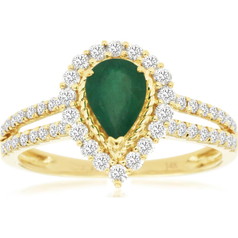 14K Yellow Gold Pear Shape Emerald and Diamond Halo Split Shank Ring - 0.68 Carat Emerald and 0.52 Carat Total Diamond Weight - Royal Jewelry