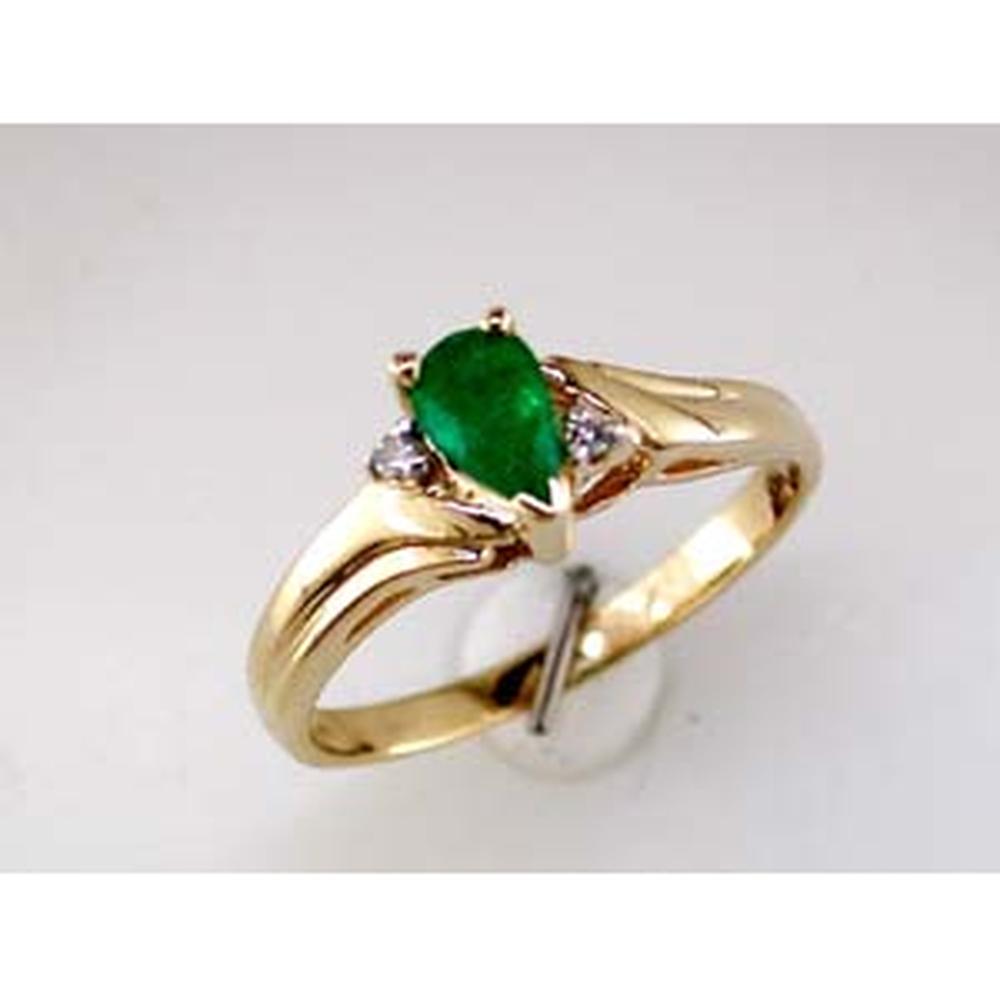 14K Yellow Gold Pear Shape Emerald Ring with Round Diamond Accents - 0.03 Carat Total Diamond Weight - Royal Jewelry