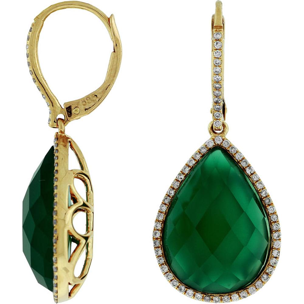 14K Yellow Gold Pear Shape Green Agate Drop Earrings with Diamond Halo and Leverback Closures - 0.35 Carat Total Diamond Weight - Royal Jewelry