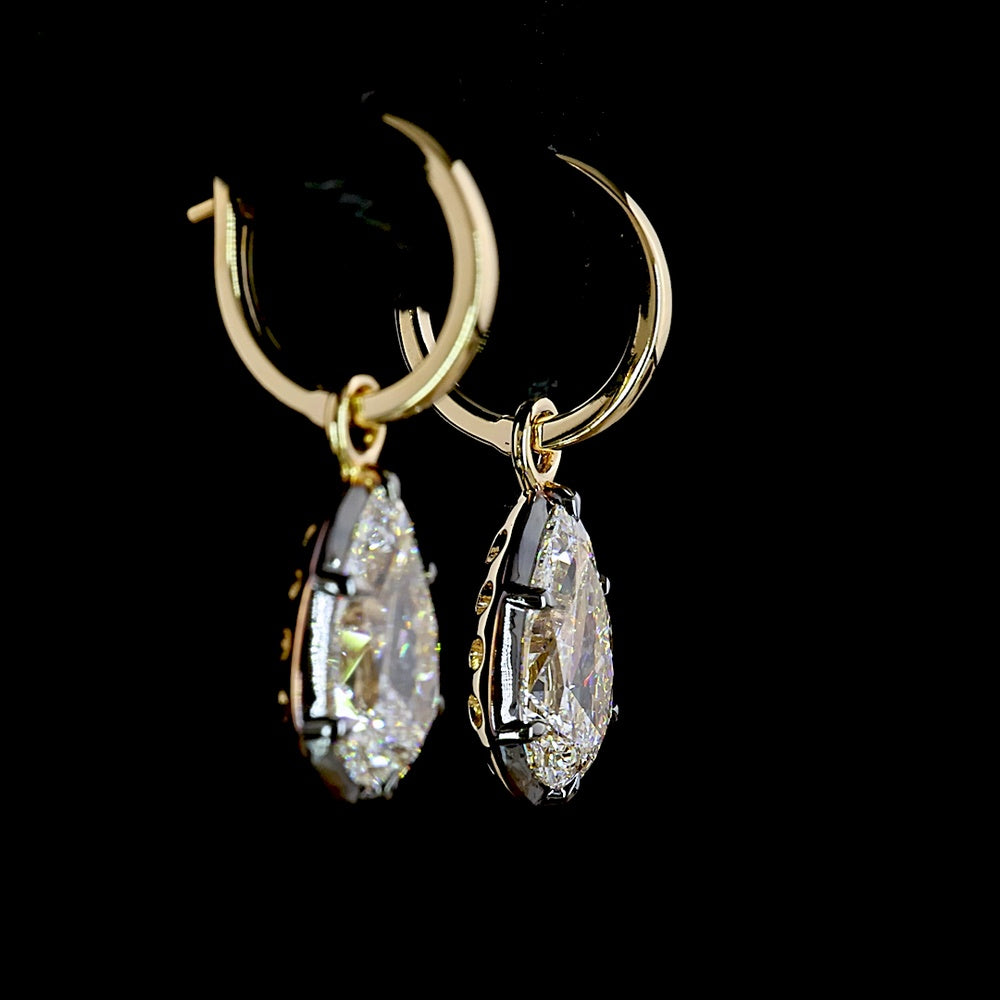 14K Yellow Gold Pear-Shape Hanging Drop Earrings with 4.03 Carat Total Weight Lab-Grown E-F VS1 Diamonds (2.03 Carats and 2.00 Carats Stones) - Covaloro Fine Jewelry