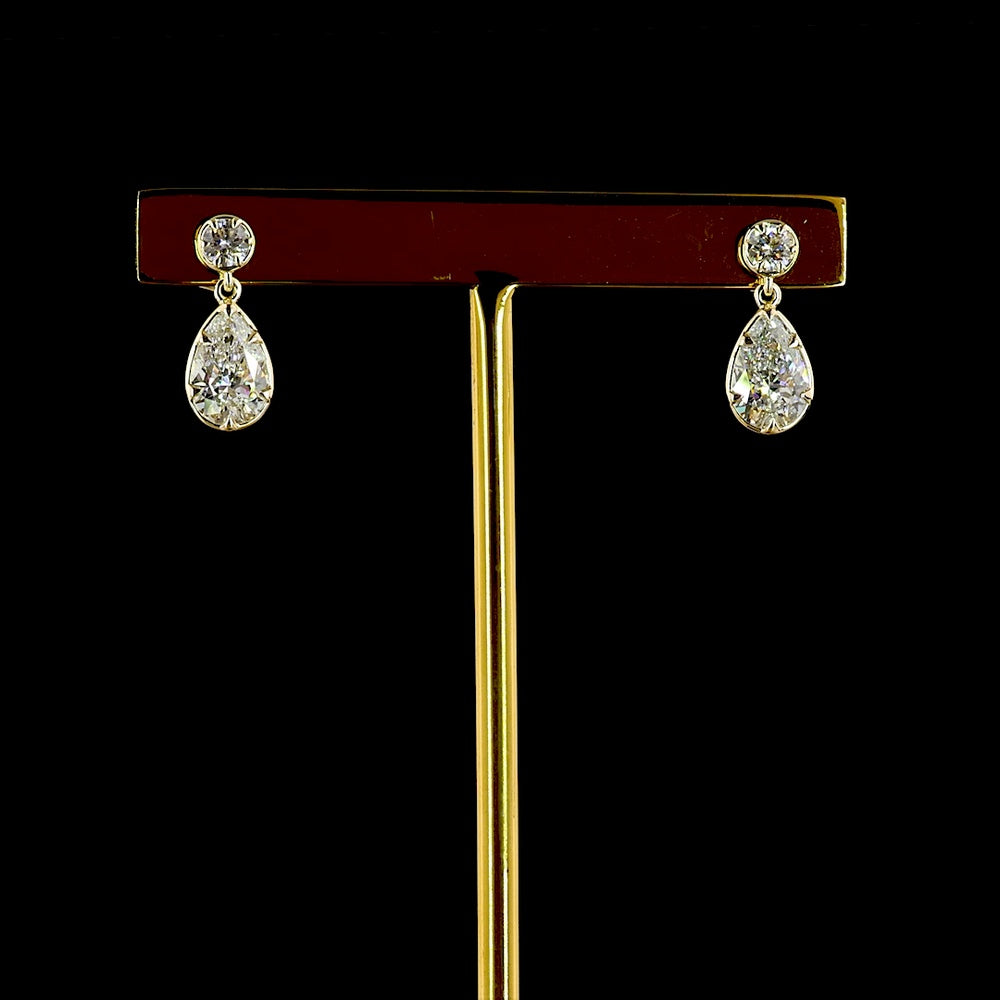 14K Yellow Gold Pear Shape Hanging Drop Earrings with Lab Grown Diamonds - 1.97 Carats Total Diamond Weight - Covaloro Fine Jewelry