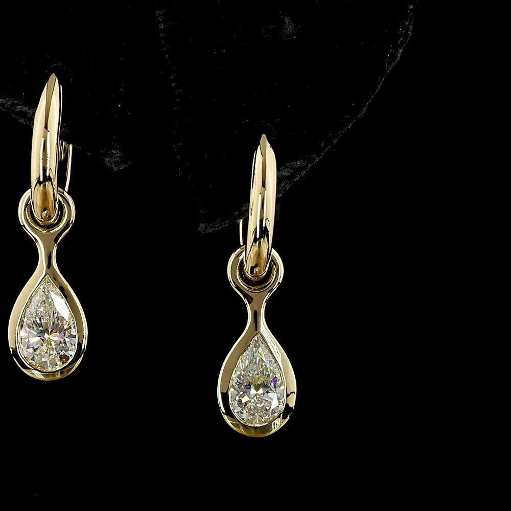 14K Yellow Gold Pear Shape Hanging Earrings with Bezel Set Lab Diamonds - 1.56 Carat Total Diamond Weight, E-F Color VS Clarity - Covaloro Fine Jewelry