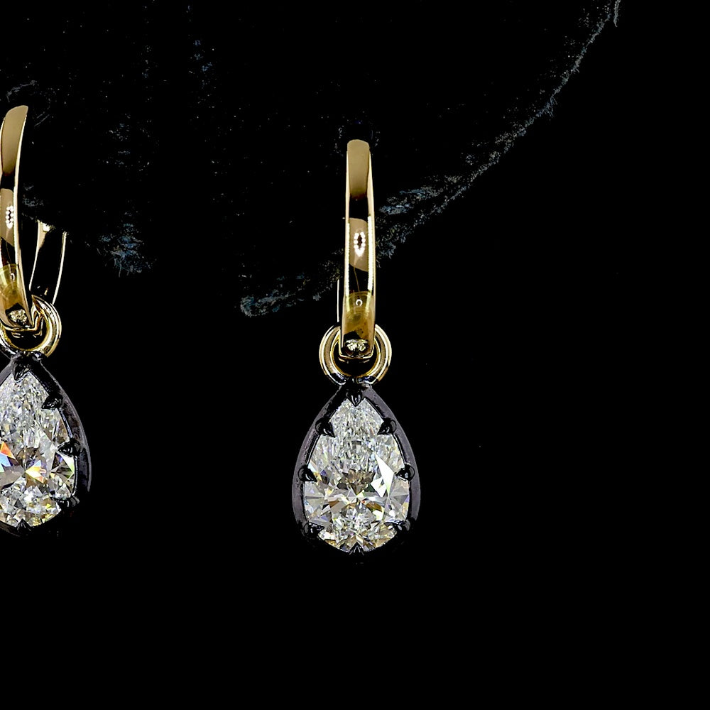 14K Yellow Gold Pear Shape Hanging Earrings with Black Rhodium Bezel and Lever Back - Lab Grown Pear Cut Diamonds E-F VS - 1.44 Carat Total Diamond Weight - Covaloro Fine Jewelry