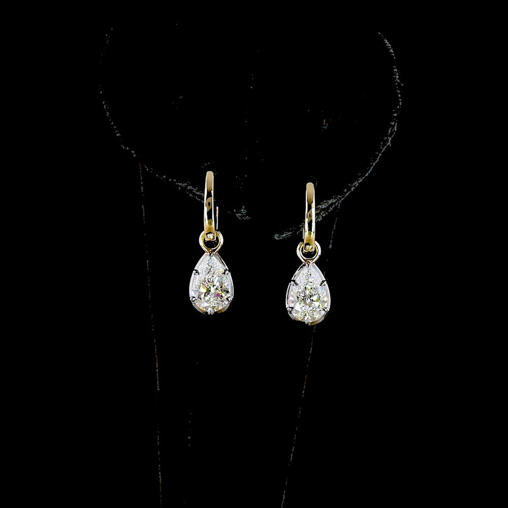 14K Yellow Gold Pear Shape Hanging Earrings with Lab-Grown D VS1 and E VS1 Diamonds - 2.04 Carats Total Diamond Weight - Covaloro Fine Jewelry