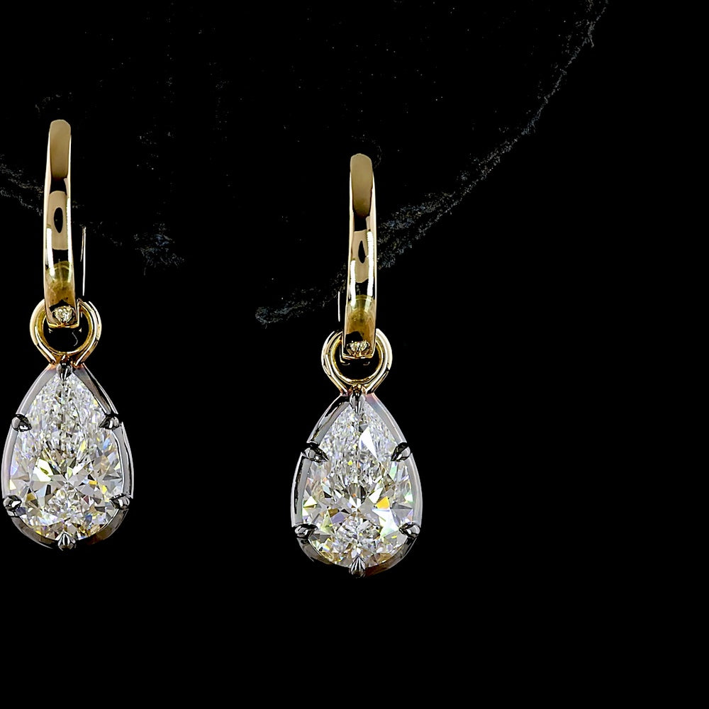 14K Yellow Gold Pear Shape Hanging Earrings with Lab-Grown D VS1 and E VS1 Diamonds - 2.04 Carats Total Diamond Weight - Covaloro Fine Jewelry