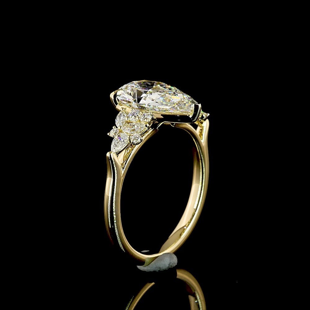 14K Yellow Gold Pear Shape Lab Diamond Ring with Mixed Shape Accents - 3.36 Carat Total Diamond Weight, E VVS2 Center Stone - Covaloro Fine Jewelry