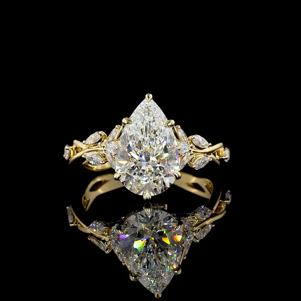 14K Yellow Gold Pear Shape Lab Diamond Ring with Vine Motif and Marquise Accents - 3.32 Carats Total Diamond Weight, Center 2.74 Carats F VS1 - Covaloro Fine Jewelry