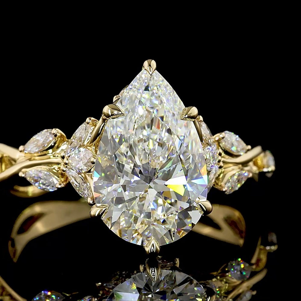 14K Yellow Gold Pear Shape Lab Diamond Ring with Vine Motif and Marquise Accents - 3.32 Carats Total Diamond Weight, Center 2.74 Carats F VS1 - Covaloro Fine Jewelry