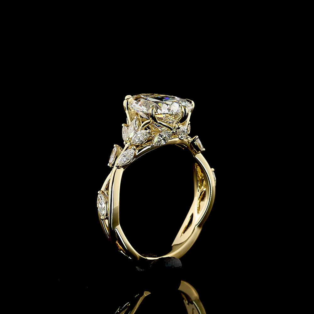 14K Yellow Gold Pear Shape Lab Diamond Ring with Vine Motif and Marquise Accents - 3.32 Carats Total Diamond Weight, Center 2.74 Carats F VS1 - Covaloro Fine Jewelry