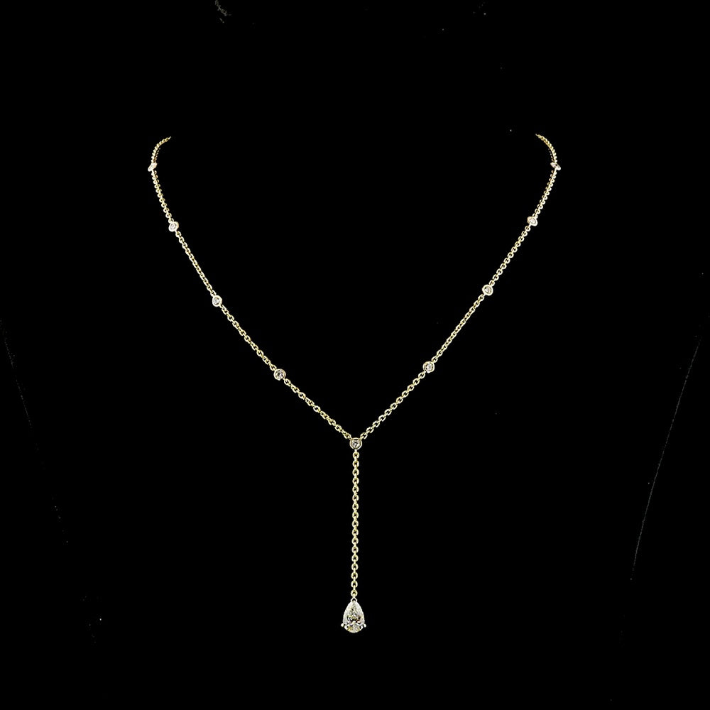 14K Yellow Gold Pear Shape Lariat Necklace with Bezel and Prong Set Lab Diamonds - 1.46 Carats Total Diamond Weight - Covaloro Fine Jewelry