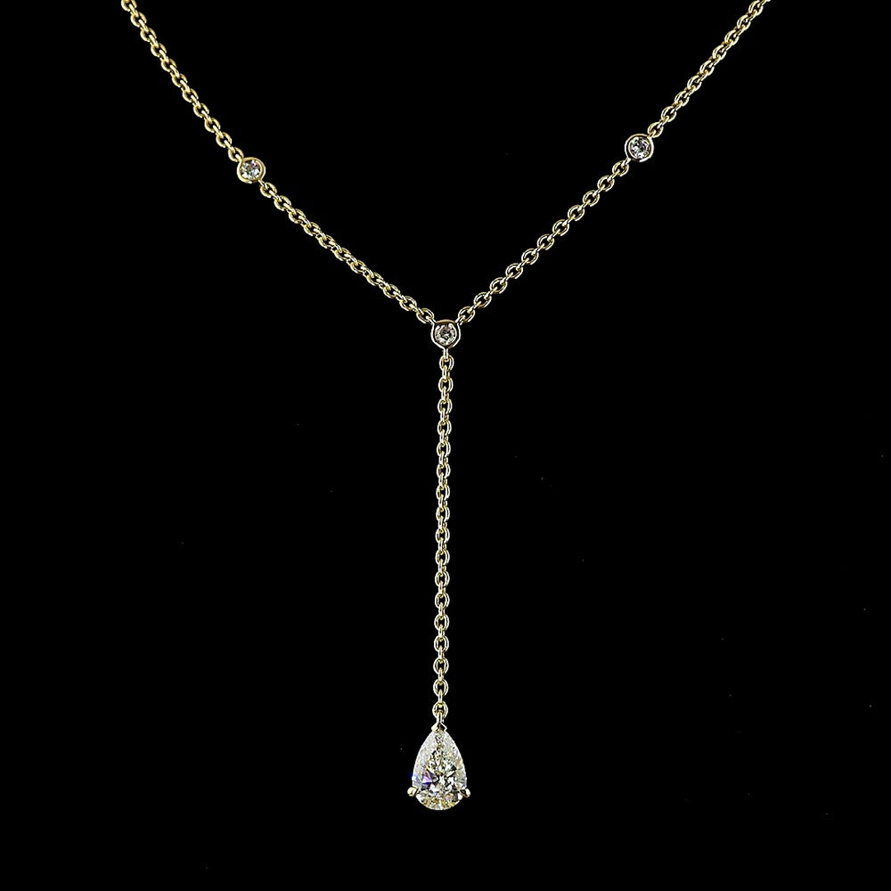 14K Yellow Gold Pear Shape Lariat Necklace with Bezel and Prong Set Lab Diamonds - 1.46 Carats Total Diamond Weight - Covaloro Fine Jewelry