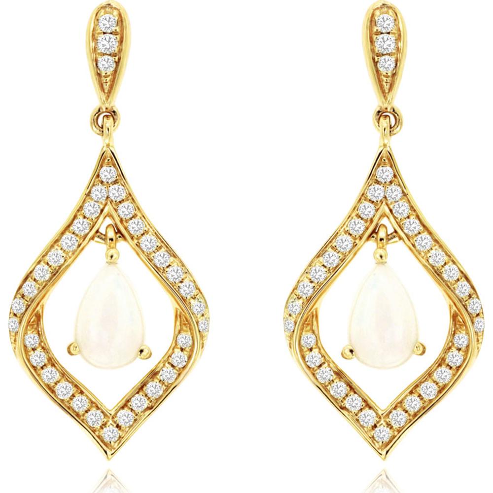 14K Yellow Gold Pear Shape Opal and Diamond Drop Earrings - 0.50 Carat Total Opal Weight, 0.29 Carat Total Diamond Weight - Royal Jewelry