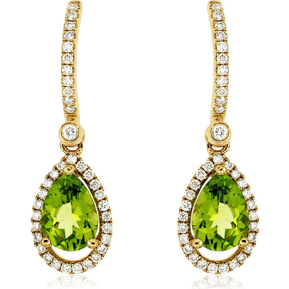 14K Yellow Gold Pear Shape Peridot Drop Earrings with Diamond Halo and Diamond Accent Tops - 2.20 Carat Total Peridot Weight, 0.42 Carat Total Diamond Weight - Royal Jewelry