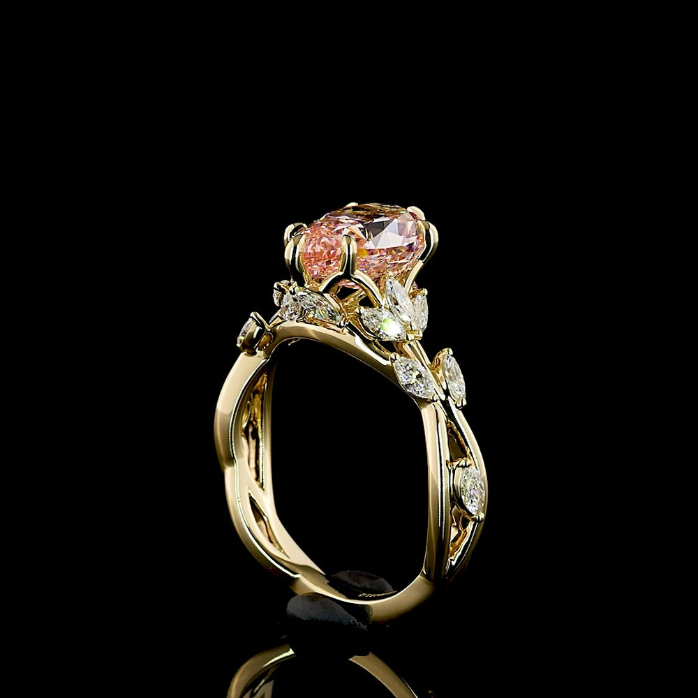 14K Yellow Gold Pear Shape Ring with 2.54 Carat Fancy Vivid Pink Lab Diamond and Marquise Cut White Diamond Accents - 3.12 Total Carat Weight - Covaloro Fine Jewelry
