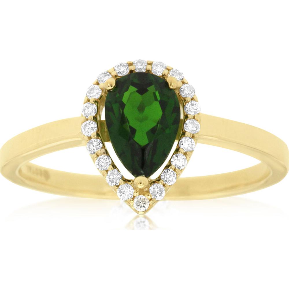 14K Yellow Gold Pear Shape Russalite and Diamond Halo Ring with 0.80 Carat Russalite and 0.12 Carat Total Diamond Weight - Royal Jewelry