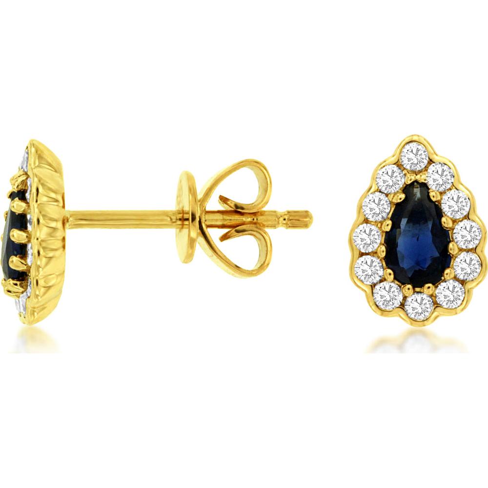 14K Yellow Gold Pear Shape Sapphire and Diamond Halo Stud Earrings - 0.56 Carat Total Sapphire Weight, 0.21 Carat Total Diamond Weight - Royal Jewelry