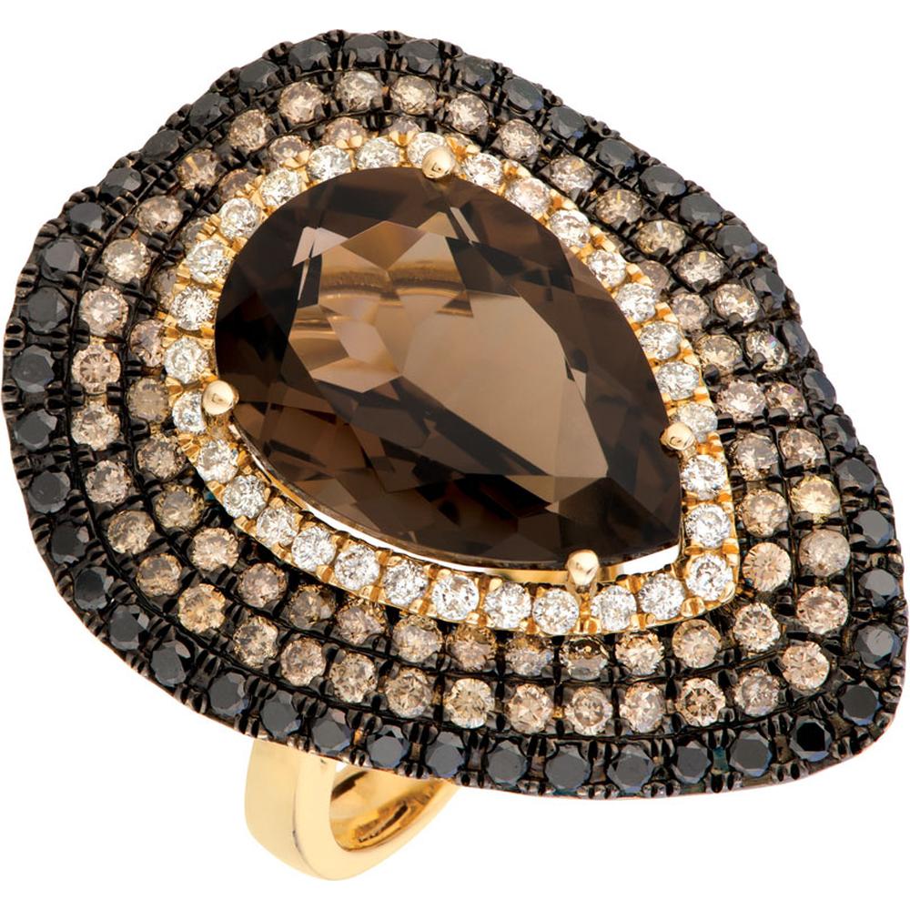 14K Yellow Gold Pear Shape Smoky Quartz Halo Ring with Round White, Mocha, and Black Diamonds - 9.70 Carat Smoky Quartz and 2.42 Carat Total Diamond Weight - Royal Jewelry