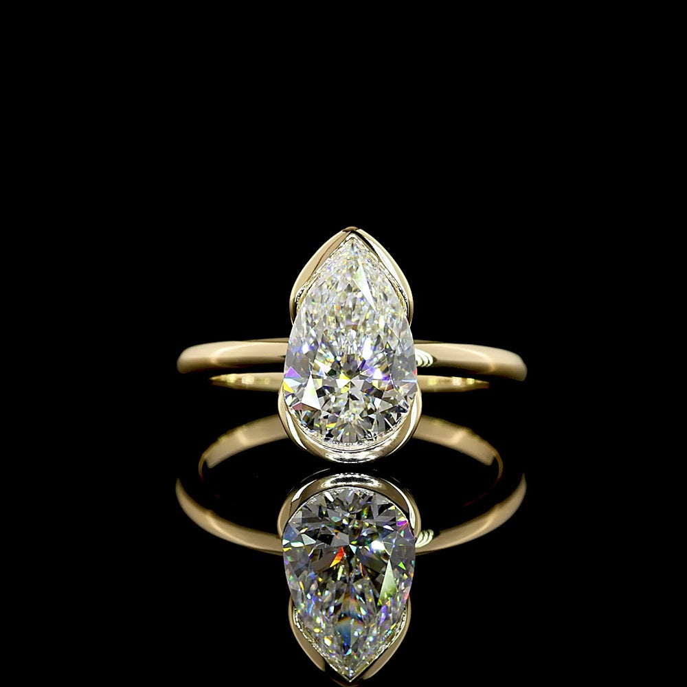 14K Yellow Gold Pear Shape Solitaire Ring with Half Bezel Set Lab Diamond E-F VS1 - 2.23 Carat Total Diamond Weight - Covaloro Fine Jewelry