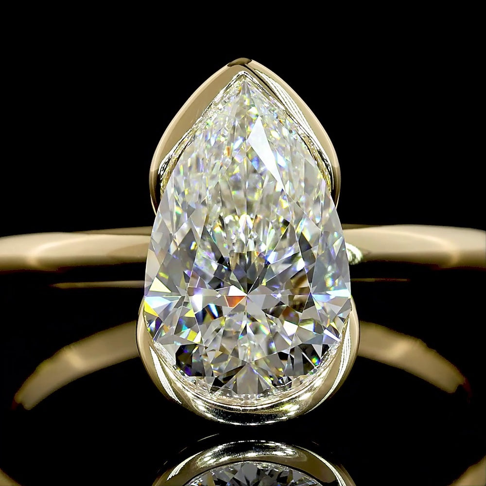 14K Yellow Gold Pear Shape Solitaire Ring with Half Bezel Set Lab Diamond E-F VS1 - 2.23 Carat Total Diamond Weight - Covaloro Fine Jewelry