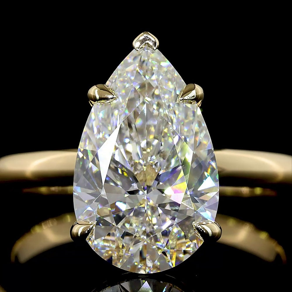 14K Yellow Gold Pear Shape Solitaire Ring with Lab Grown E VVS2 Diamond - 3.70 Carat Total Weight - Covaloro Fine Jewelry