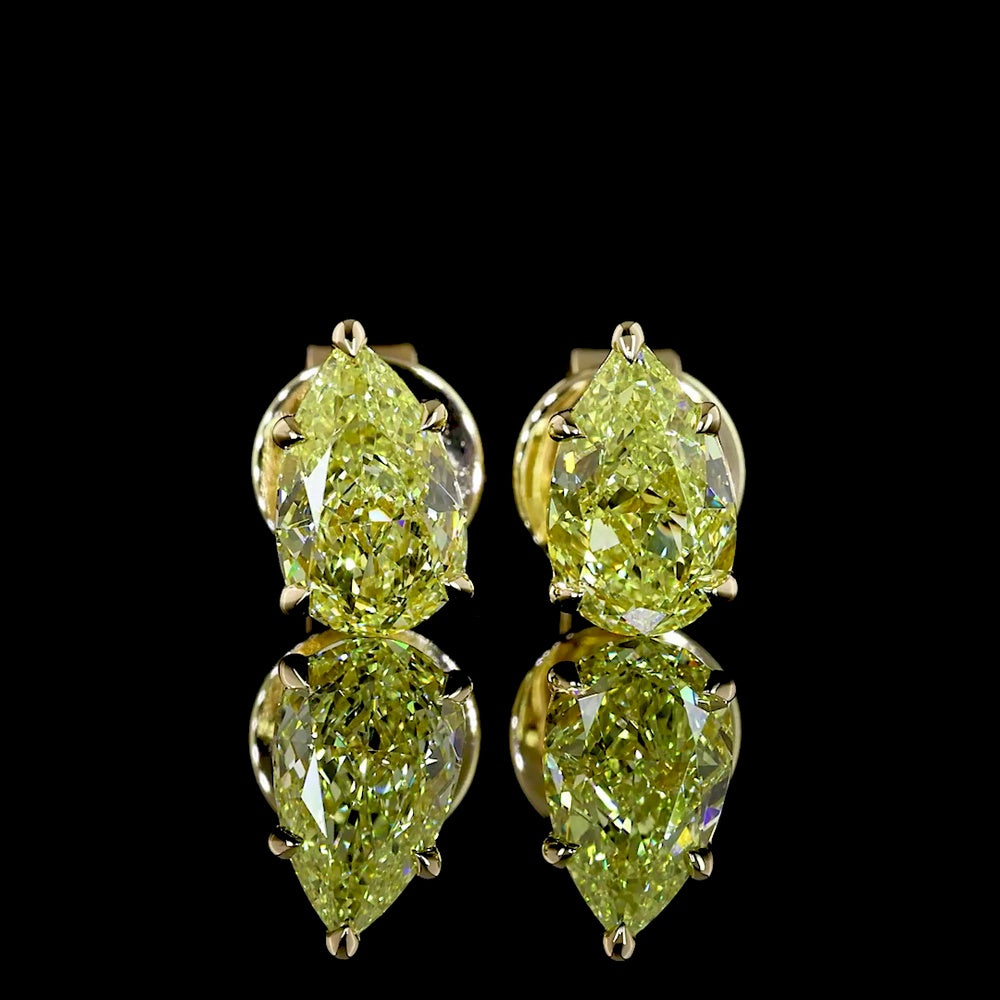 14K Yellow Gold Pear Shape Stud Earrings with Fancy Vivid Yellow Lab Grown Diamonds - 1.15 Carat Total Weight, VS2 Clarity - Covaloro Fine Jewelry