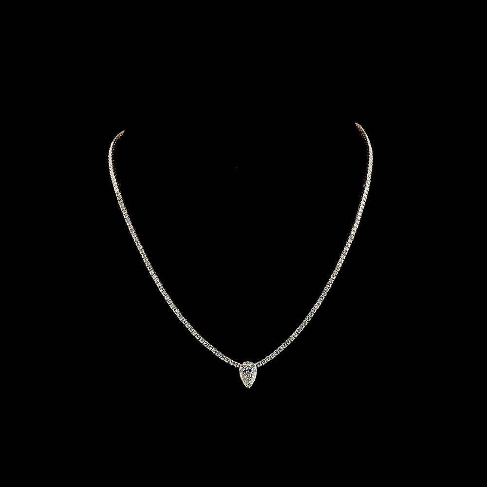 14K Yellow Gold Pear Shape Tennis Necklace with 1.51 Carats Pear Cut Center and 197 Brilliant Cut Lab Diamonds - 6.28 Carats Total Diamond Weight - Covaloro Fine Jewelry