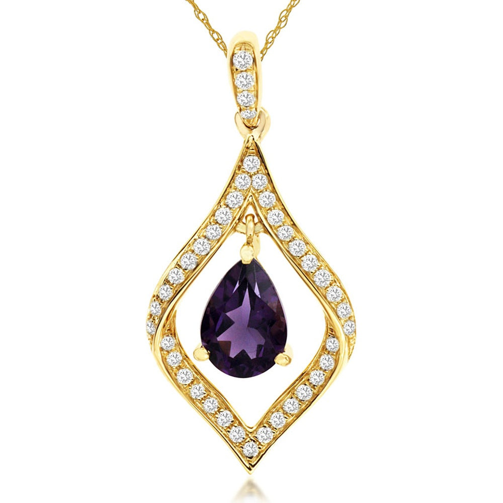14K Yellow Gold Pear-Shaped Amethyst and Diamond Halo Pendant - 0.65 Carat Amethyst with 0.17 Carat Total Diamond Weight - Royal Jewelry