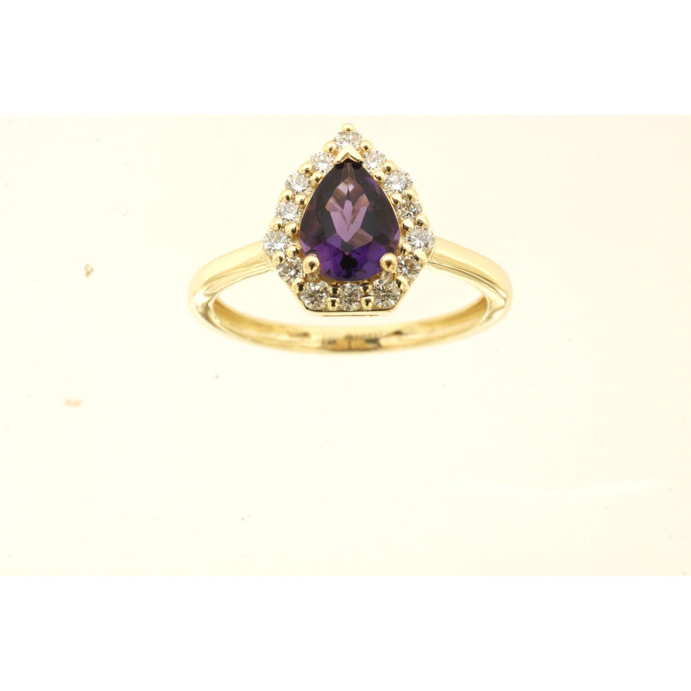 14K Yellow Gold Pear-Shaped Amethyst and Diamond Halo Ring - 0.99 Carat Amethyst and 0.33 Carat Total Diamond Weight - Royal Jewelry