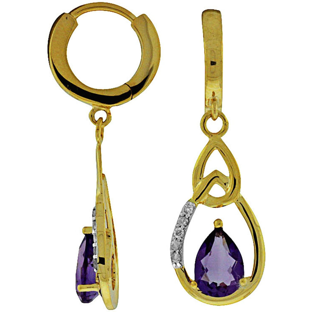 14K Yellow Gold Pear-Shaped Amethyst Drop Earrings with Round Diamond Accents - 1.40 Carat Total Amethyst Weight and 0.07 Carat Total Diamond Weight - Royal Jewelry