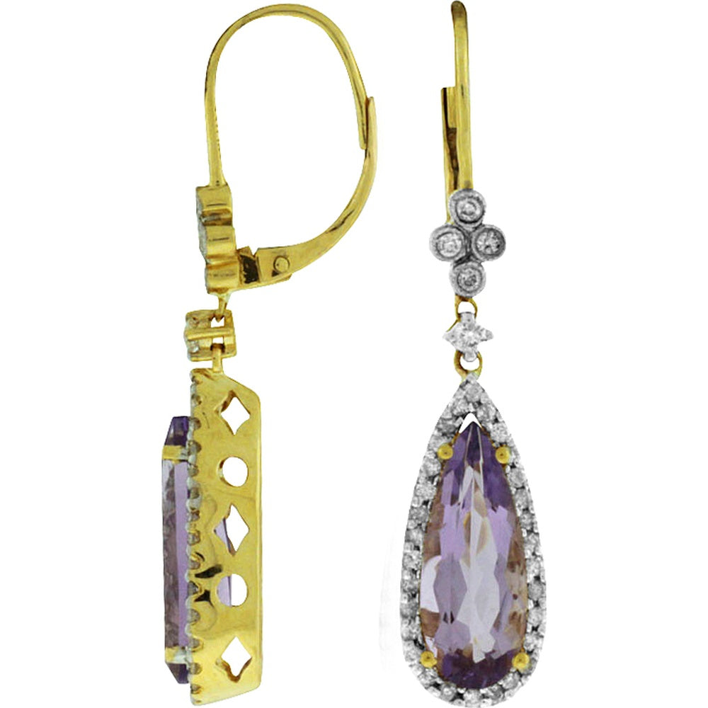 14K Yellow Gold Pear-Shaped Amethyst Drop Earrings with Round Diamond Halo and Lever Backs - 4.25 Carat Total Amethyst Weight and 0.55 Carat Total Diamond Weight - Royal Jewelry