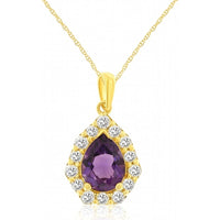 14K Yellow Gold Pear-Shaped Amethyst Halo Pendant with Prong-Set Round Diamonds - 1.00 Carat Amethyst and 0.33 Carat Total Diamond Weight - Royal Jewelry