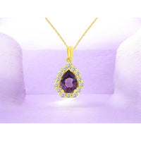 14K Yellow Gold Pear-Shaped Amethyst Halo Pendant with Prong-Set Round Diamonds - 1.00 Carat Amethyst and 0.33 Carat Total Diamond Weight - Royal Jewelry