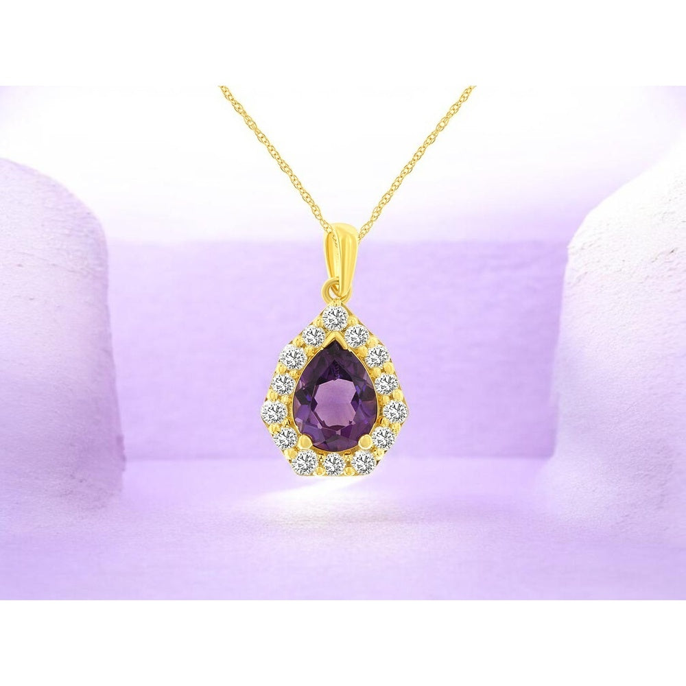 14K Yellow Gold Pear-Shaped Amethyst Halo Pendant with Prong-Set Round Diamonds - 1.00 Carat Amethyst and 0.33 Carat Total Diamond Weight - Royal Jewelry