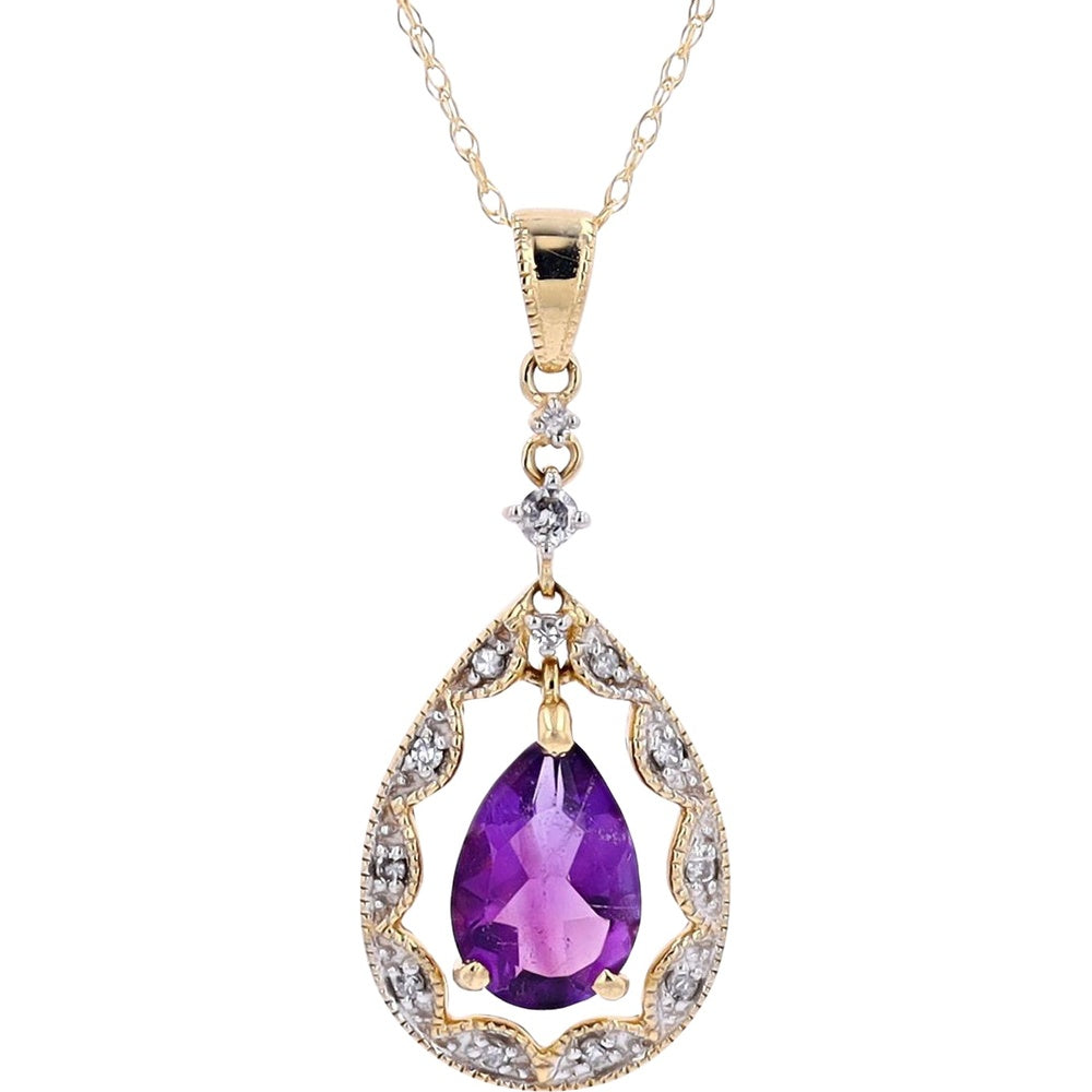 14K Yellow Gold Pear-Shaped Amethyst Halo Pendant with Round Diamond Accents - 0.08 Carat Total Diamond Weight
