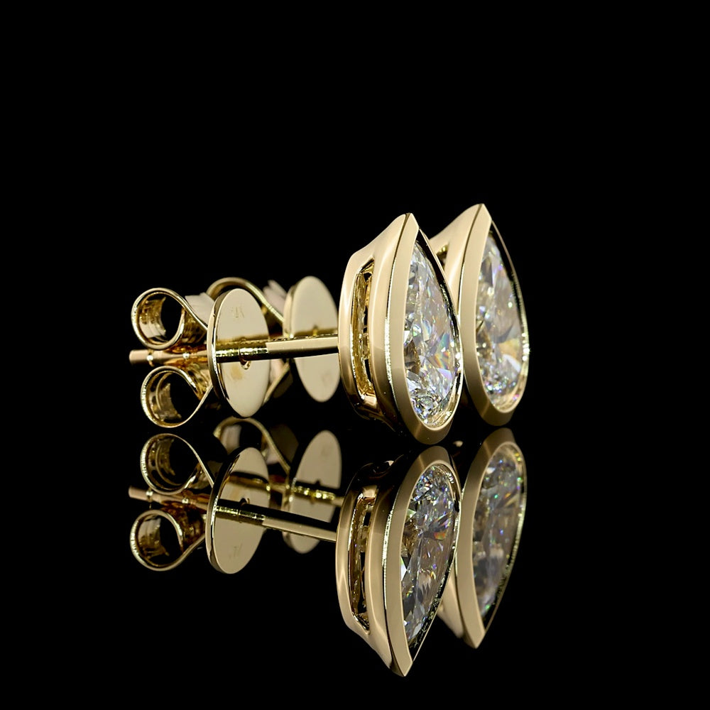 14K Yellow Gold Pear Shaped Bezel Set Lab Diamond Stud Earrings with IGI Certified E-F VVS2 Stones - 1.51 Carat Total Weight - Covaloro Fine Jewelry