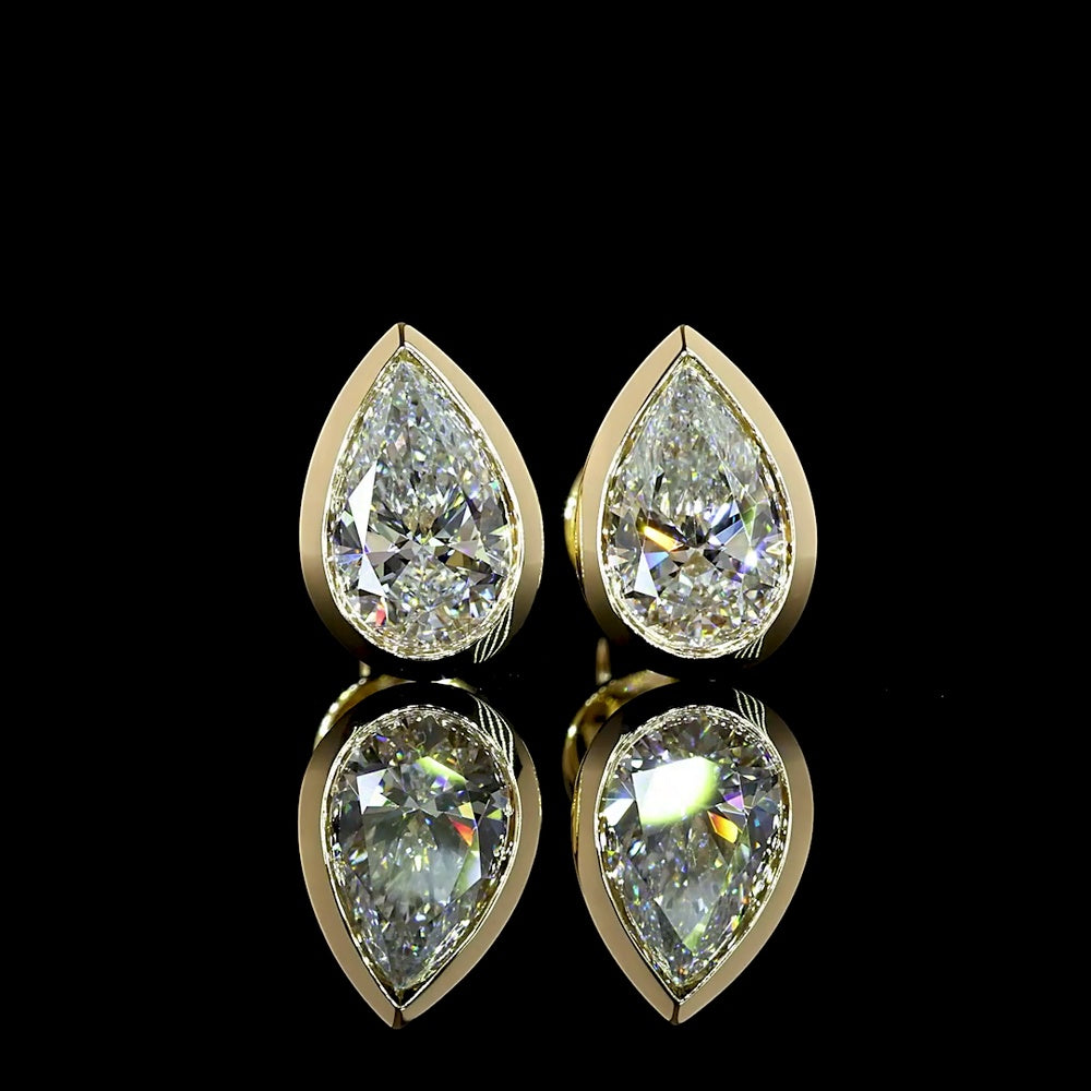 14K Yellow Gold Pear Shaped Bezel Set Lab Diamond Stud Earrings with IGI Certified E-F VVS2 Stones - 1.51 Carat Total Weight - Covaloro Fine Jewelry