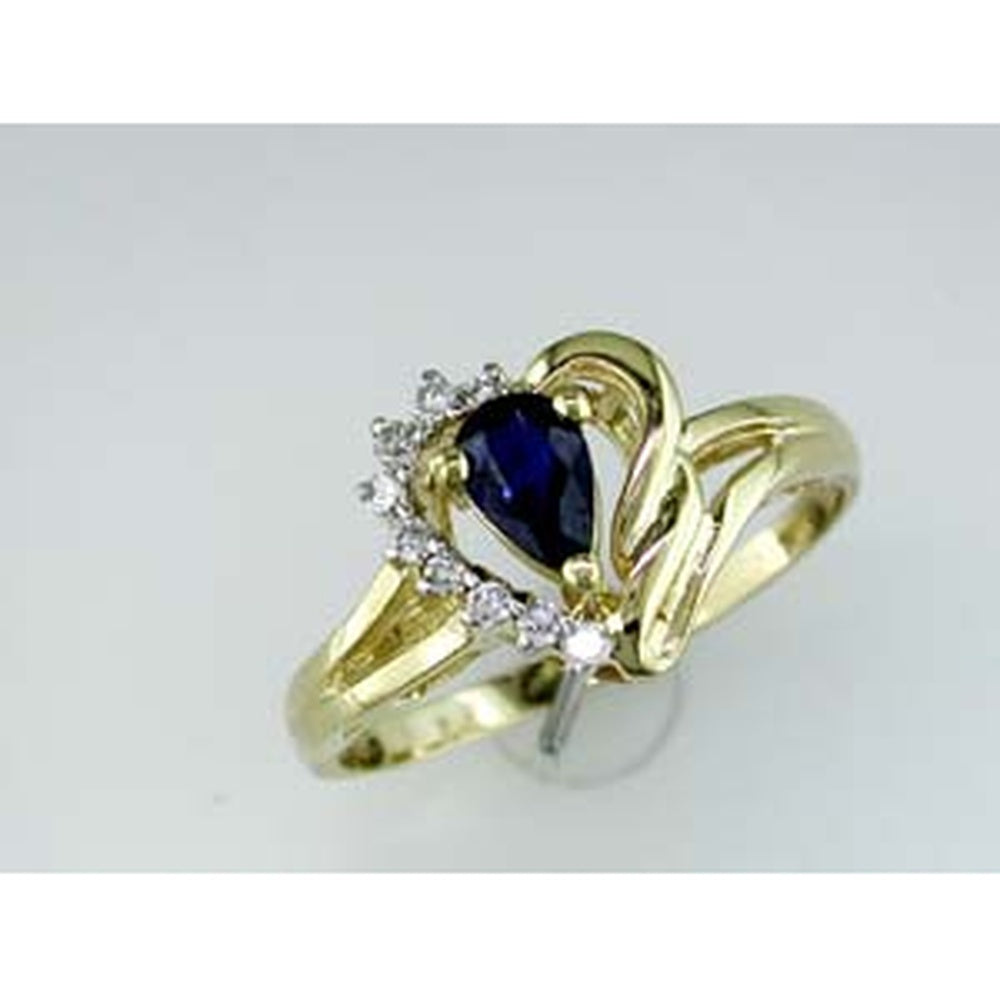 14K Yellow Gold Pear-Shaped Blue Sapphire Ring with Round Diamond Accents - 0.10 Carat Total Diamond Weight - Royal Jewelry