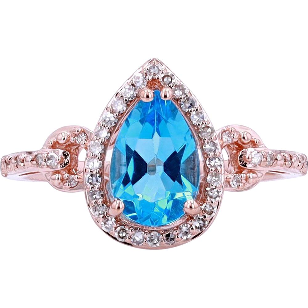 14K Yellow Gold Pear-Shaped Blue Topaz Ring with Diamond Halo and Horsebit Shank - 0.20 Carats Total Diamond Weight