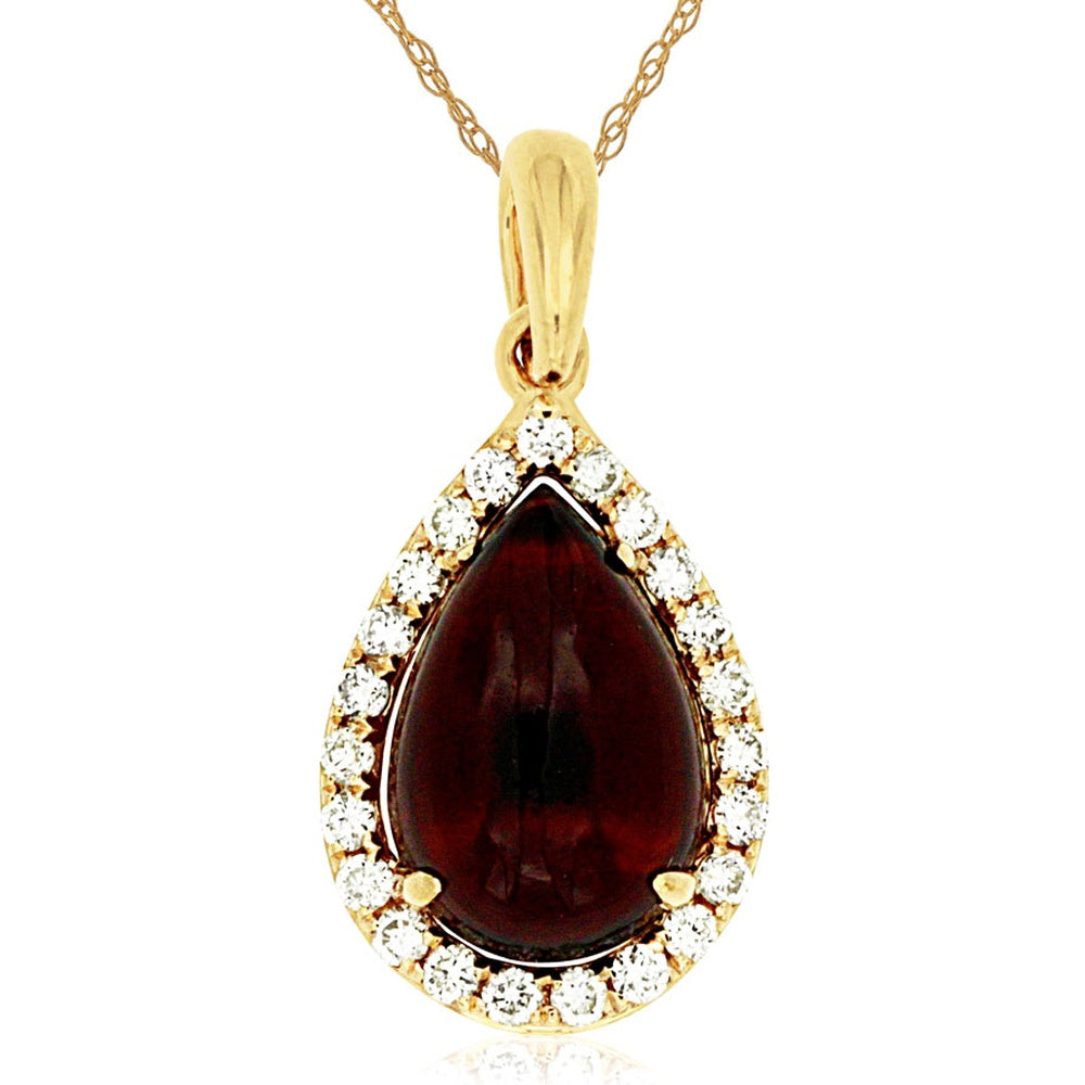14K Yellow Gold Pear-Shaped Cabochon Garnet Pendant with Diamond Halo - 2.00 Carat Garnet and 0.14 Carat Diamond Total Weight - Royal Jewelry