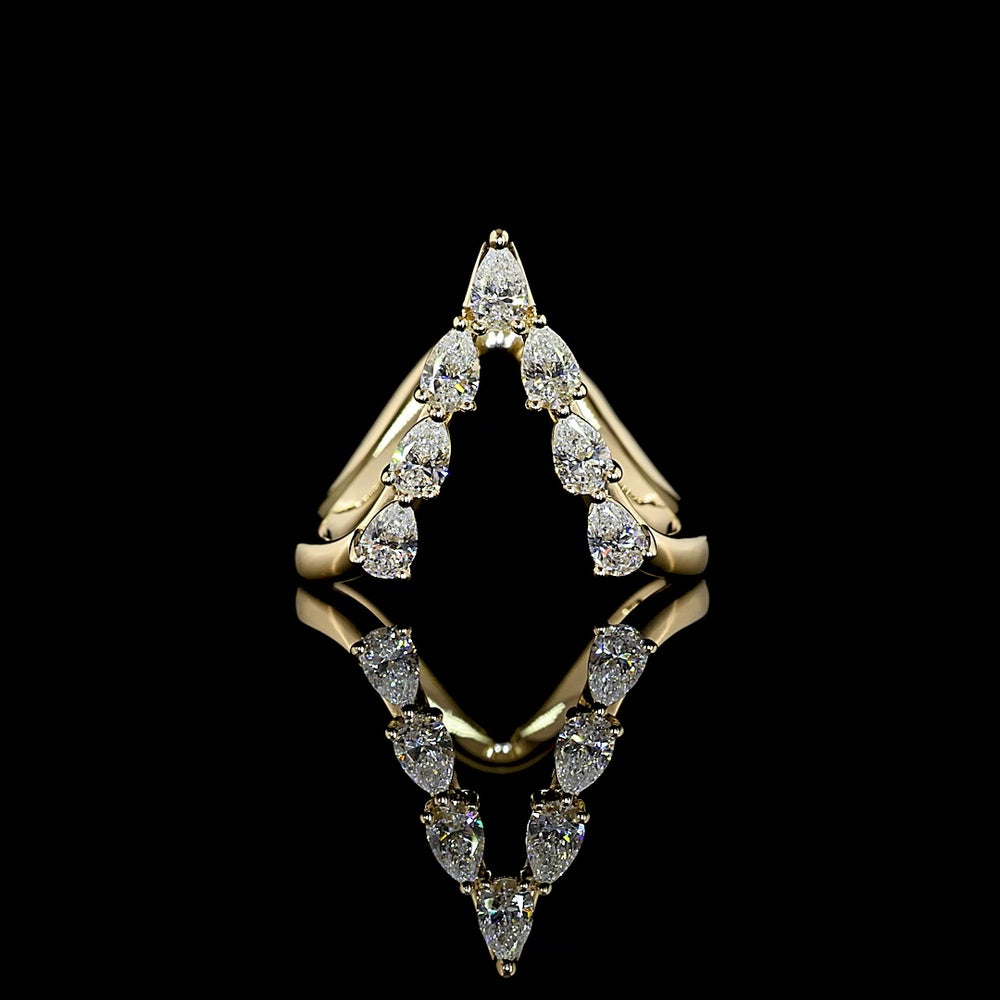14K Yellow Gold Pear-Shaped Chevron Ring with 7 Prong-Set Lab Diamonds - 0.73 Carat Total Weight, E-F Color VS1 Clarity - Covaloro Fine Jewelry