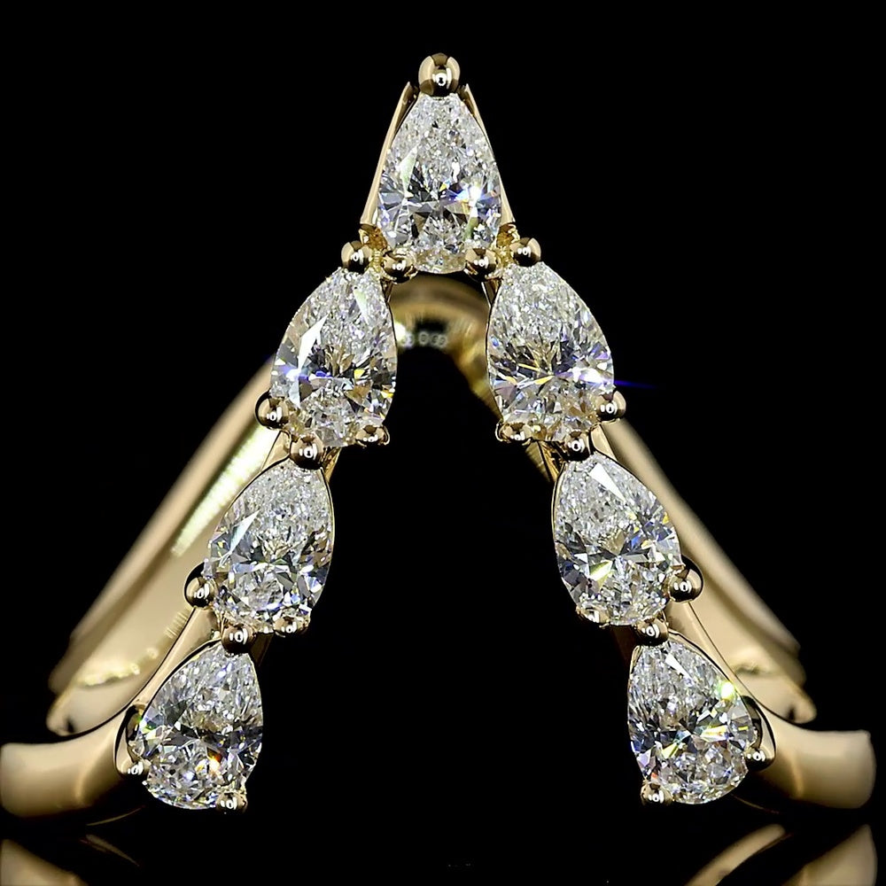 14K Yellow Gold Pear-Shaped Chevron Ring with 7 Prong-Set Lab Diamonds - 0.73 Carat Total Weight, E-F Color VS1 Clarity - Covaloro Fine Jewelry