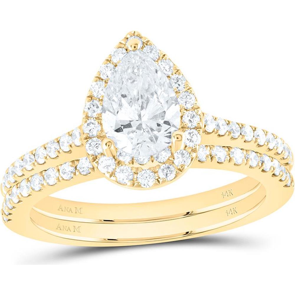 14K Yellow Gold Pear-Shaped Diamond Halo Bridal Ring Set with Pave Round Diamonds - 1.50 Carat Total Diamond Weight