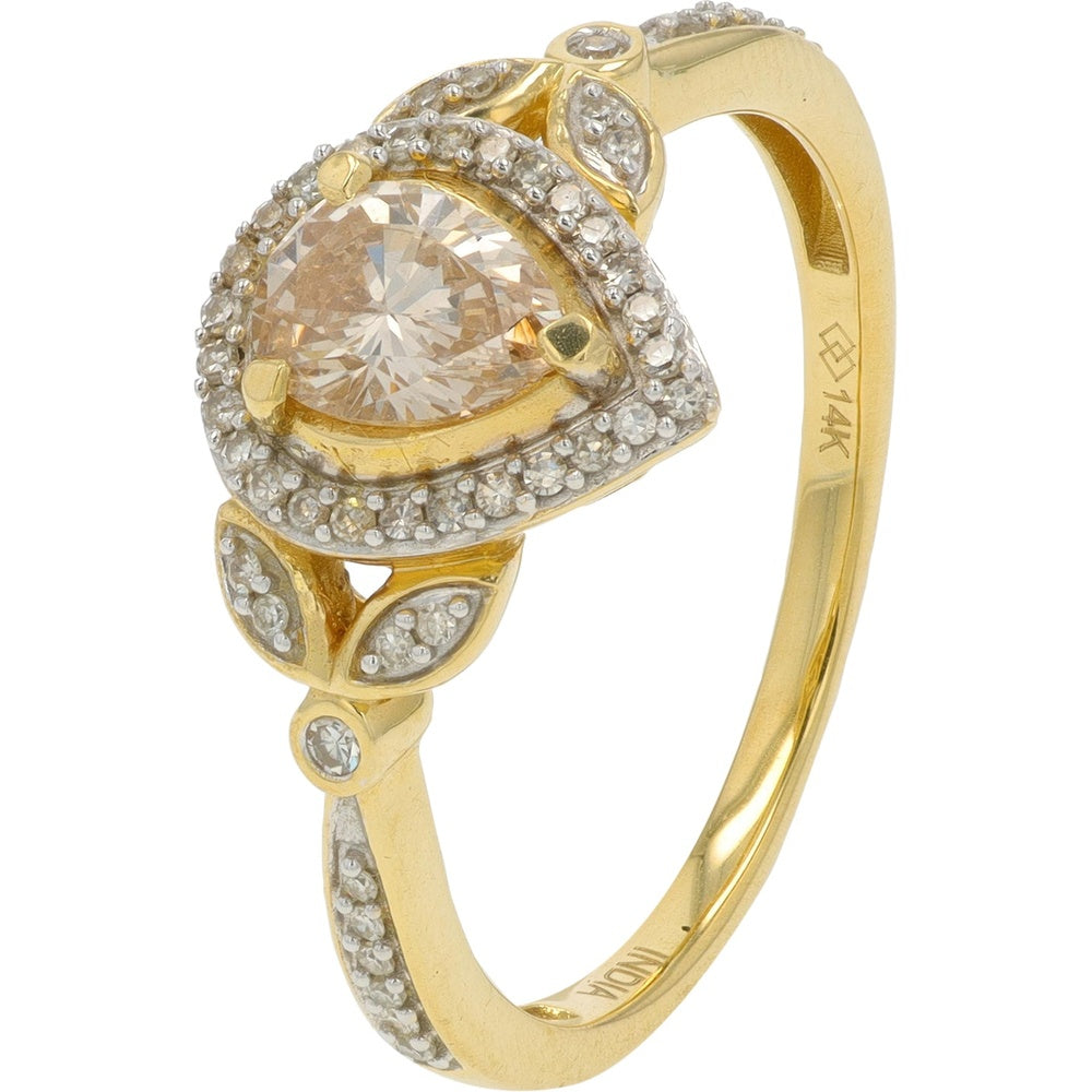 14K Yellow Gold Pear-Shaped Diamond Halo Ring with Leaf Motif and Milgrain Detailing - 0.65 Carat Total Diamond Weight
