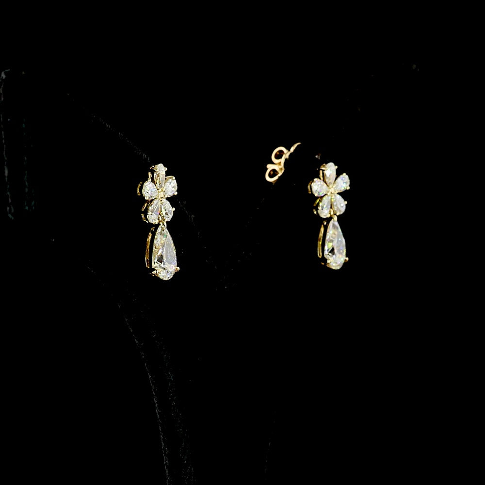 14K Yellow Gold Pear-Shaped Diamond Hanging Earrings with Floral Motif and Teardrop Drop Stone - 1.91 Carat Total Diamond Weight (Lab Diamonds) - Covaloro Fine Jewelry