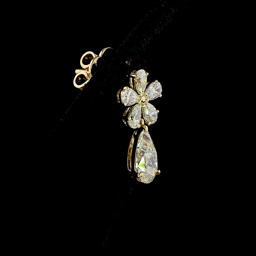 14K Yellow Gold Pear-Shaped Diamond Hanging Earrings with Floral Motif and Teardrop Drop Stone - 1.91 Carat Total Diamond Weight (Lab Diamonds) - Covaloro Fine Jewelry