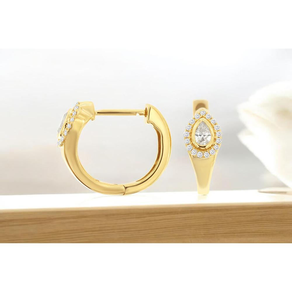 14K Yellow Gold Pear-Shaped Diamond Huggie Earrings with Pave Halo and Milgrain Detail - 0.33 Carat Total Diamond Weight - Royal Jewelry